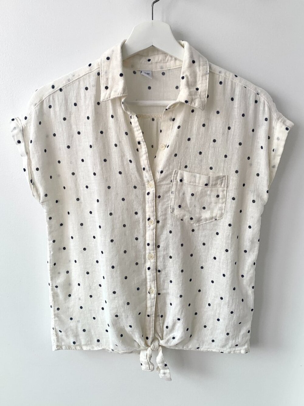 Old Navy Linen Cotton Blouse Polka Dots with Tie Size XS